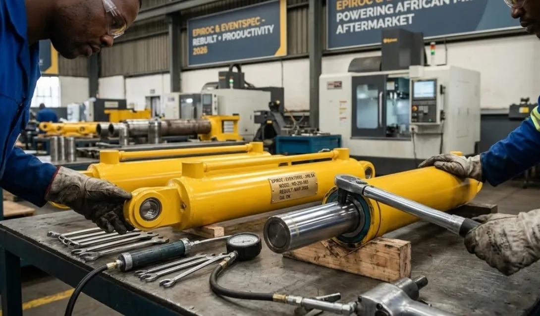 Heavy-duty hydraulic cylinders for mining equipment manufactured by Epiroc and Eventspec in South Africa workshop.