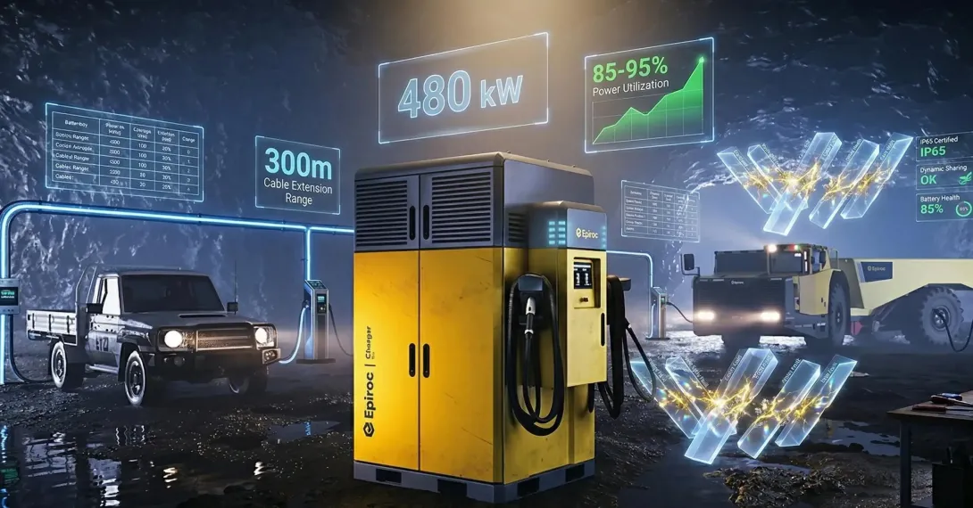 A large Epiroc IP65-certified underground charging cabinet actively power sharing to a haul truck and pickup within a dark mine tunnel. Holographic data interfaces, inspired by image_5.png and image_6.png, display technical specs including "480 kW," "85-95% Power Utilization," and "300m Extension Range," demonstrating advanced dynamic power distribution.